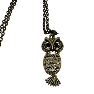 Owl Pendant Necklace Bronze Tone Filigree Design Fashion Jewelry Black Onyx Eyes